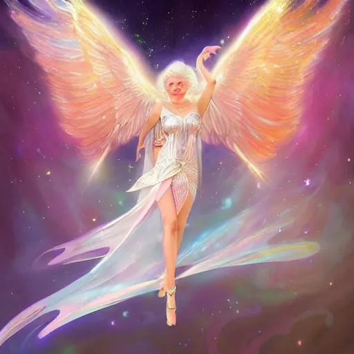 Image similar to harmony of twirly white haired angel yoongi wearing sparkly shiny greek clothes, muted colors, nebula background, neon sparkles everywhere, big wings, dynamic hair movement, + + + + dynamic pose, holographic space, glowing effect, j. c leyendecker, by alan lee, wlop! illustrated by starember, fantasy art by craig mullins