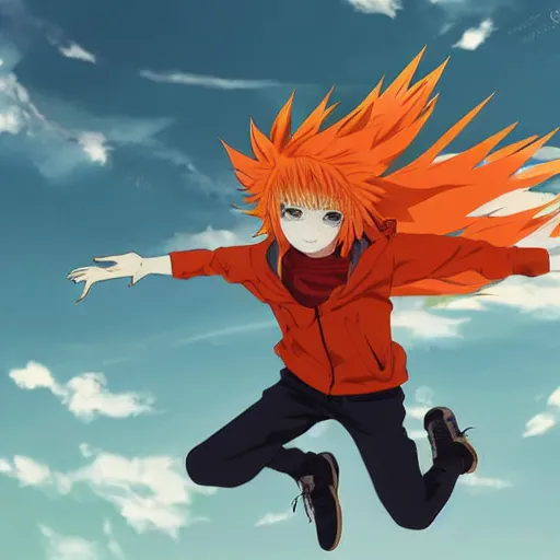 Image similar to orange - haired anime boy, 1 7 - year - old anime boy with wild spiky hair, wearing red jacket, flying through sky, ultra - high jump, late evening, blue hour, cirrus clouds, pearly sky, ultra - realistic, sharp details, subsurface scattering, blue sunshine, intricate details, hd anime, 2 0 1 9 anime