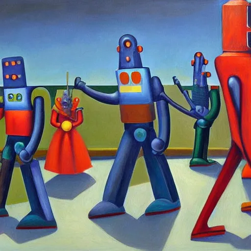 Image similar to robot parade, pj crook, edward hopper, oil on canvas