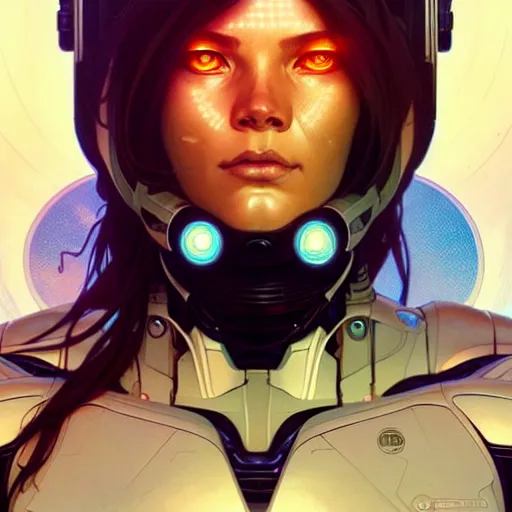 Prompt: cyborg, female, science fiction, portrait, highly detailed, digital painting, beautiful eyes, symmetry, concept art, sharp focus, illustration, art by artgerm and greg rutkowski and magali villeneuve and ilya kuvshinov! : : alphonse mucha : : - 0. 2