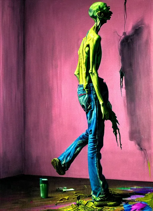 Prompt: an insane, skinny, artist wearing dirty, torn overalls, expressive painting the walls inside a grand messy studio, depth of field, hauntingly surreal, highly detailed painting by francis bacon, edward hopper, adrian ghenie, glenn brown, soft light 4 k in pink, green and blue colour palette, cinematic composition, octane render,