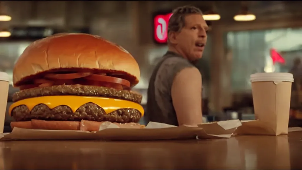 Prompt: the giant cheeseburger at the fast food place, film still from the movie directed by denis villeneuve and david cronenberg with art direction by salvador dali, wide lens