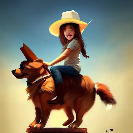 Image similar to tiny cat girl in cowboy hat riding on the back of a giant corgi by greg rutkowski