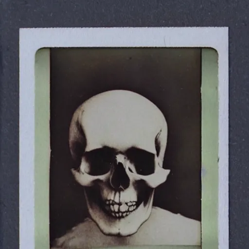 Prompt: old polaroid of a deformed vhs footage of a skull