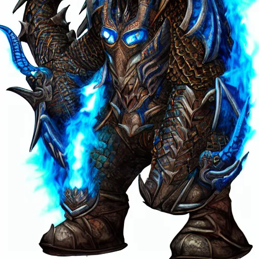 Image similar to a dark blue dragonborn with large tusks, half of his face flaming with blue flame, he wears a black dragon scales armor, large black boots and brown pants, digital art