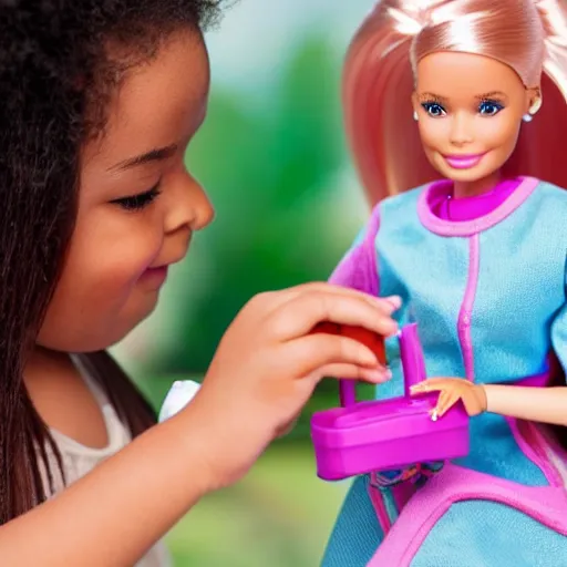 Prompt: a barbie plays with her human doll