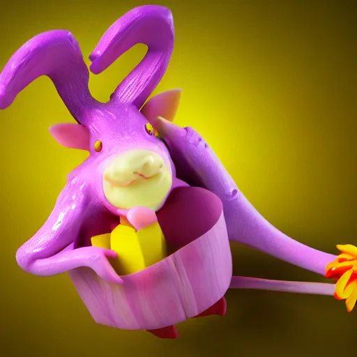 Image similar to 3 d render, purple ancient antler deity, yellow rat pig, holding a red orchid, laughing, brightly lit pink room