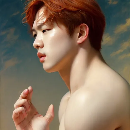 Image similar to wide angle full body portrait of Park Jimin as Antinous, dramatic photography, dramatic facial expression, tears, hand on his cheek, soft skin, soft blush, intricate, ethereal, highly detailed, high resolution, 8K resolution, sharp focus, Unreal engine 5, smooth, art by J. C. Leyendecker