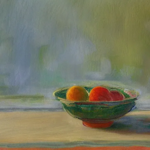 Image similar to in the style of Monet, a bowl of fruits, very highly detailed, 8k, wallpaper