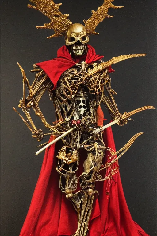 Image similar to wraith skeleton knight wearing crimson cloak sitting on throne, mechanic electric ornaments, golden metallic, realistic, detailed, by caravaggio