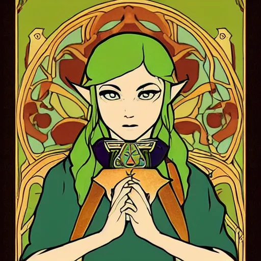 Image similar to the legend of Zelda, in the style of art nouveau,