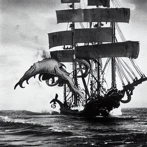 Image similar to an impossibly huge pirate ship, being attacked by a kraken, giant tentacles. 1980s photograph