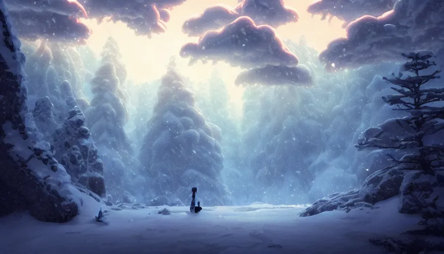 Image similar to A highly detailed digital art painting of the opening to the dragons cave in the snowy forest, shimmering cloudy sky by Studio Ghibli, Makoto Shinkai, (((Makoto Shinkai))) by Artgerm, by beeple, volumetric lighting, octane render, 4K resolution, trending on artstation, masterpiece, vivid colours