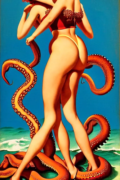 Image similar to 1940s group of pinup bikini girls being hugged by giant octopus, oil painting, by Gil Elvgren