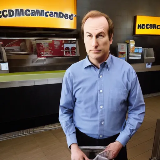 Image similar to Bob Odenkirk works at Mcdonalds, background of McDonalds interior