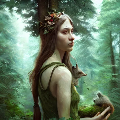 Image similar to a female woodland druid surrounded by forest animals, in the woods, hyper realistic, digital painting, photorealistic, in the style of greg rutkowski, detailed