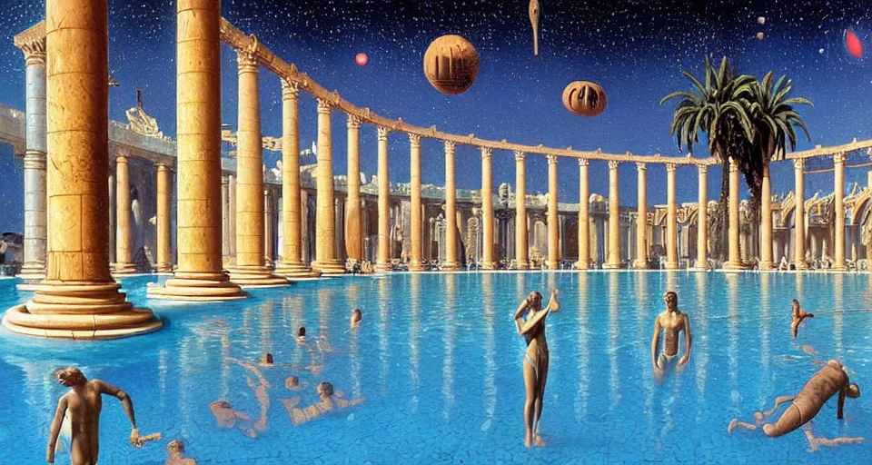 Image similar to a large tiled swimming pool with many palm trees surrounded by roman architecture columns and statues, underneath a star filled night sky, harold newton, zdzislaw beksinski, donato giancola, warm coloured, gigantic pillars and flowers, maschinen krieger, beeple, star trek, star wars, film, atmospheric perspective