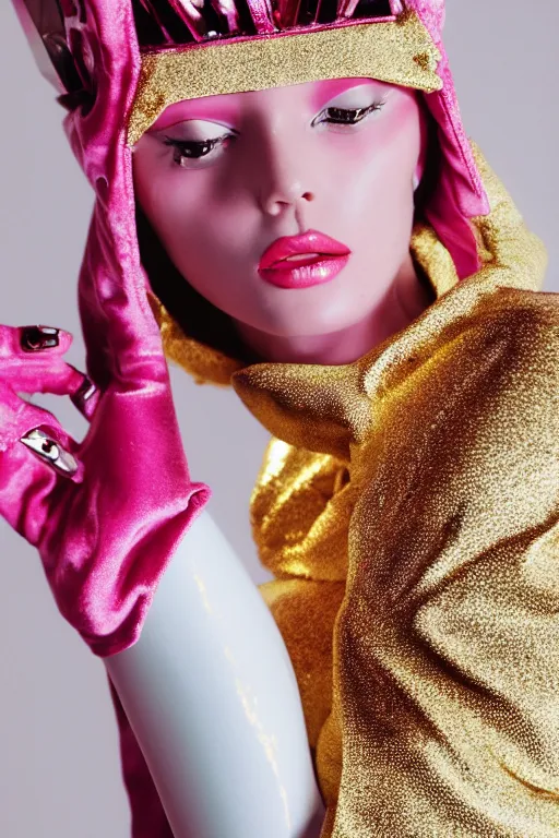 Prompt: female robot with shiny chrome body wearing pink velvet tracksuit, gold bling jewelry, platinum blonde hair with gold tiara, 1990s fashion magazine editorial, trendy, nostalgia, 35mm film, haute couture professional photography, white background