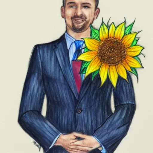 Image similar to full body shot of a man with a sunflower instead of a head wearing a business suit, color pencil sketch