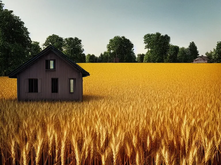 Prompt: hyperrealism design by cornelia konrads photography of beautiful detailed small house around the forest in small ukrainian village by taras shevchenko and wes anderson and caravaggio, wheat field behind the house, volumetric natural light