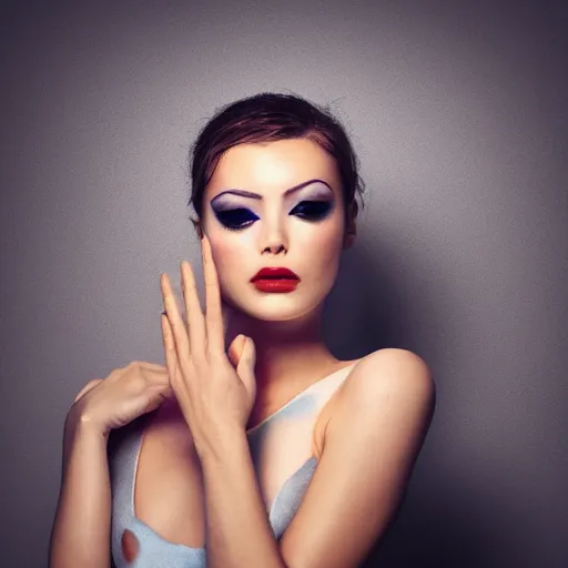 Prompt: Photo of a model,hands, bold, cinematic, light makeup,focus