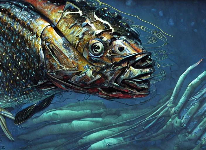 Image similar to macro closeup robotic pike fish, glowing veins, subsurface scattering, underwater, boston dynamics, by gerald brom, by mikhail vrubel, by peter elson, muted colors, extreme detail, trending on artstation, 8 k