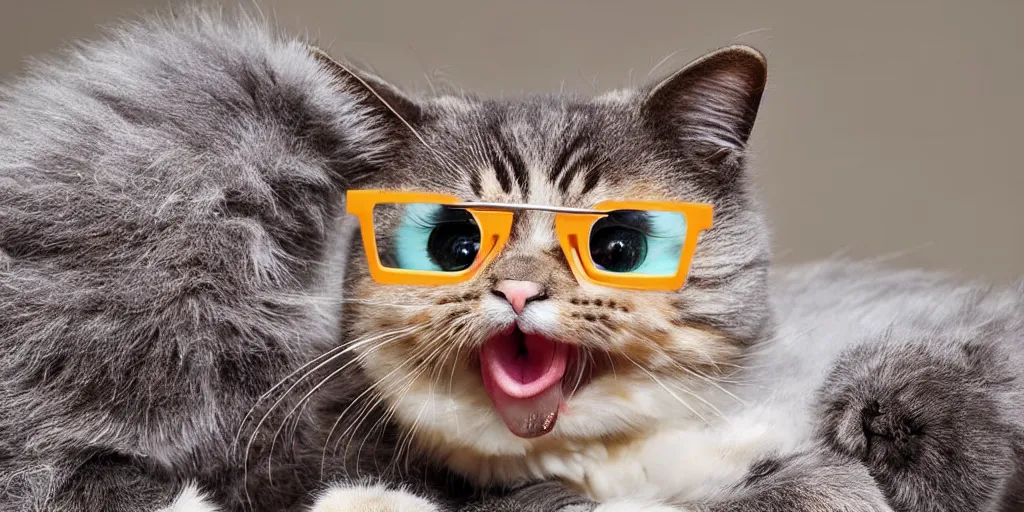 Prompt: the most funny cat in the world smiling and spicking out its tongue, it is wearing small smart glasses, it has very fluffy and beautiful hair