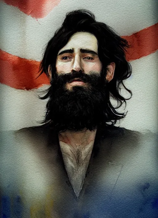 Prompt: portrait, a handsome small Frenchman with beard and long black hair toasting with whiskey, French flag in the background, watercolor, dramatic lighting, cinematic, establishing shot, extremely high detail, foto realistic, cinematic lighting, digital art, by Yoshitaka Amano, Ruan Jia, Kentaro Miura, Artgerm, post processed, concept art, artstation, matte painting, style by eddie mendoza, raphael lacoste, alex ross