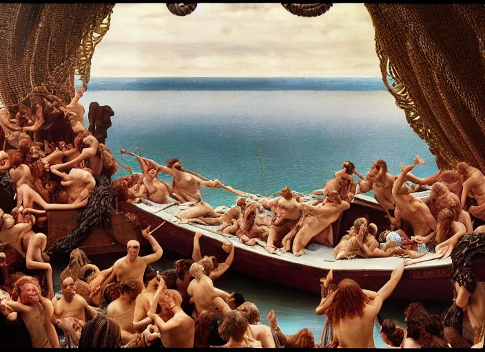 Prompt: photo of the raft of the medusa, by lawrance alma - tadema by annie leibovitz by roger corman by richard corben by rick baker, fujifilm velvia 5 0. masterpiece, intricate, hyper realism, high detail, octane render, unreal engine, 8 k