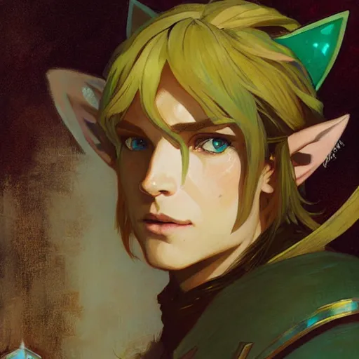 Prompt: Stunning portrait of Link from the Legend of the Zelda with cat ears. Art by Greg Rutkowski and Alphonse Mucha