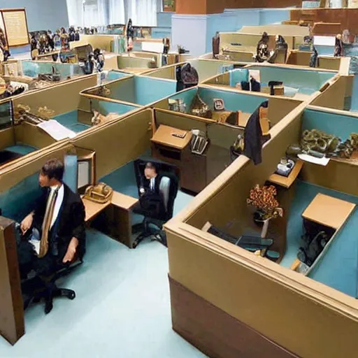 Image similar to a diorama in the museum of natural history of office workers in cubicles