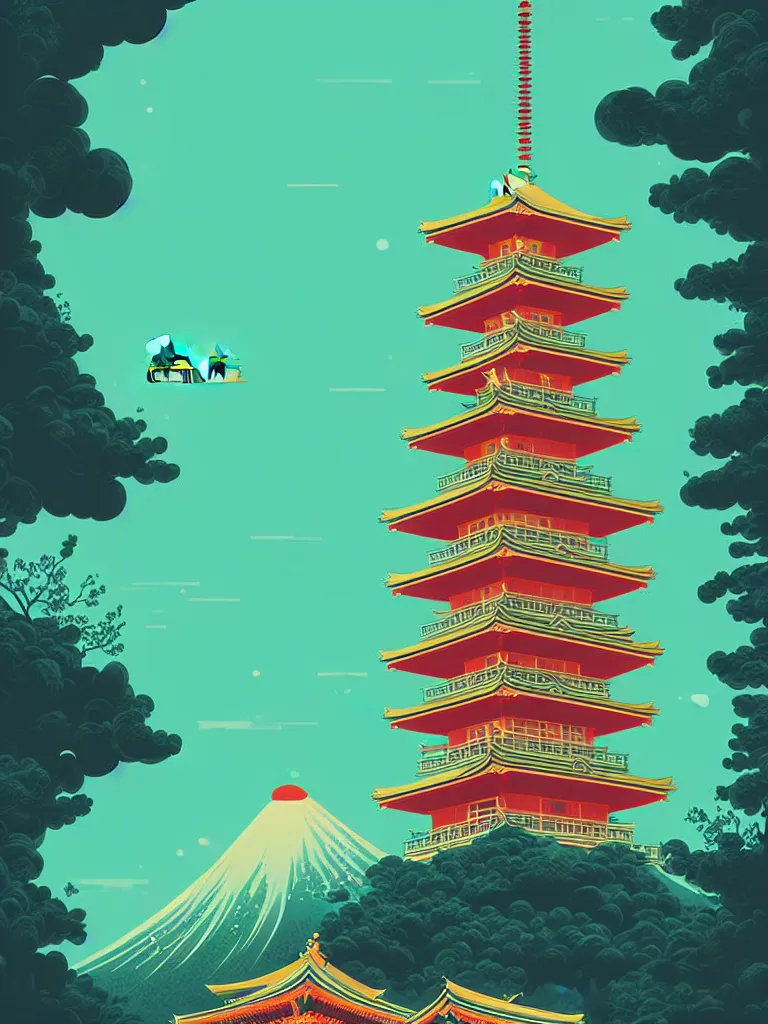 Image similar to a travel poster illustration depicting a japanese pagoda, vintage style, detailed illustration, digital painting, vector art, trending on artstration, by anton fadeev, by alena aenami