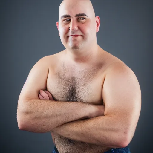 Prompt: Portrait photo of a bald and rougly shaven man named Heavy Weapons Guy, 4k, award winning photo