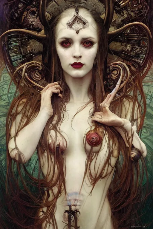 Image similar to masterpiece painting of beautiful demonic countess girl by donato giancola, h. r. giger and tom bagshaw, face by artgerm and edmund leighton, background by james jean and alphonse mucha, 8 k, gothic horror, majestic, volumetric lighting, porcelain skin, art deco, trending on pixiv