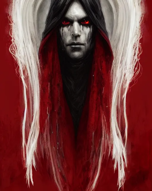 Image similar to '' Portrait of a blood warlock with white hair, dark theme, white long hair, fangs, bone wings,dark cape, dark eyes, dark red background, high detail, 4k , digital painting, artstation, concept art, sharp focus, illustration, art by greg rutkowski and alphonse mucha ''