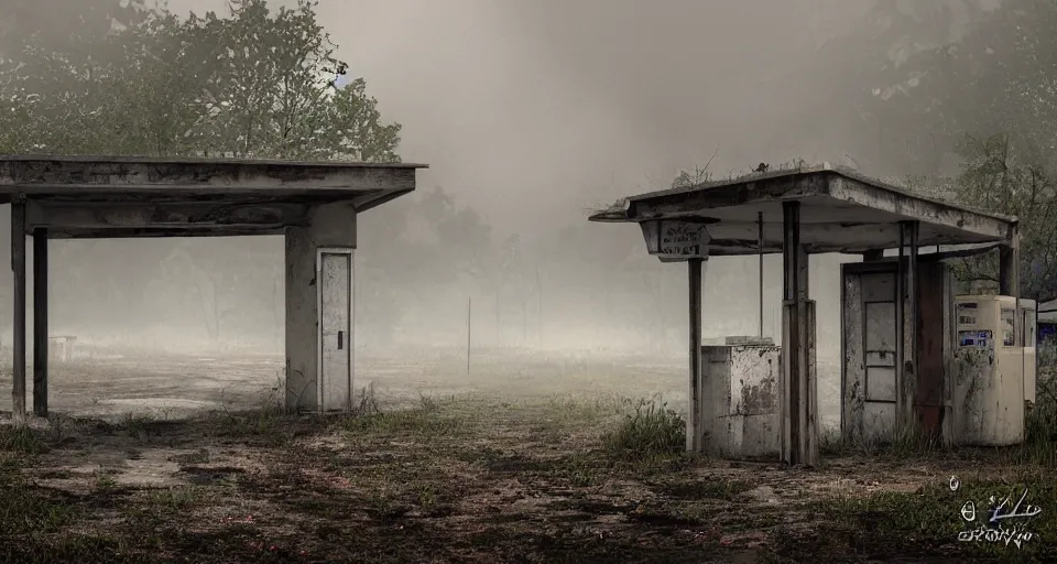 Image similar to Old abandoned gas stations on the side of the road to nowhere, evil, demonic, enchanting, misty, haze, cloudy, angelic, flowers, nature, environment concept, cinematic, cgsociety, dim and dark lighting, cinematic, intricate details, 8k detail post processing, hyperealistic, photo realism, by Stephen King