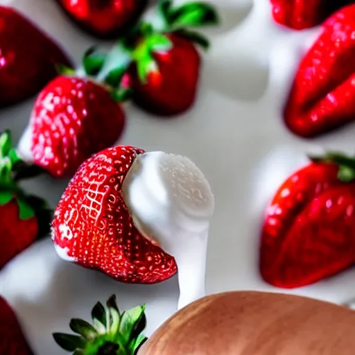 Prompt: a close up photo of milk pouring over a strawberry, macro, highly detailed,