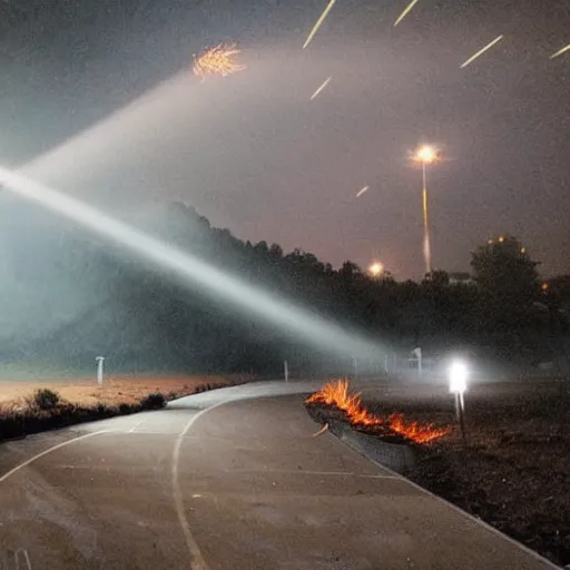 Image similar to action shot of dinosaurs playing sports while meteors streak across the sky leaving trails of fire, light fog, street lights, god rays, beautiful