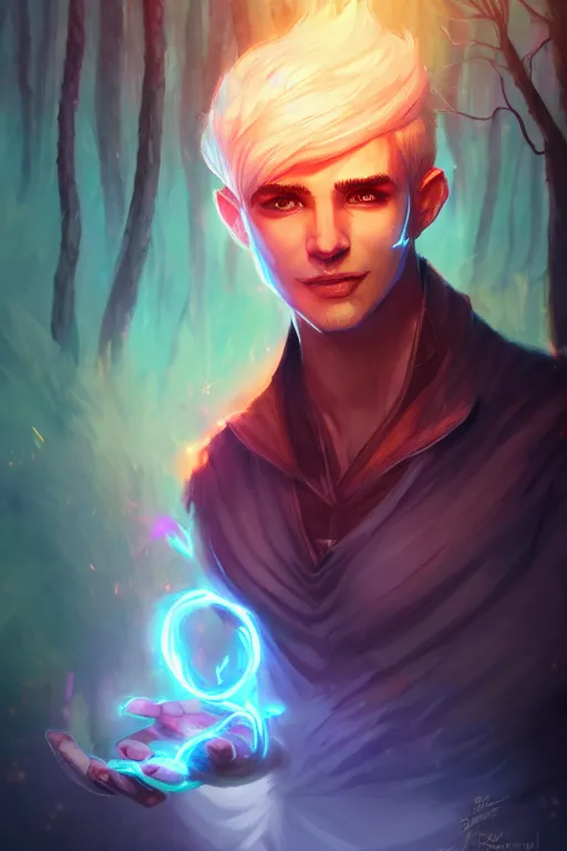 Image similar to a human elemental sorcerer, forest environment background, colorful magic effects, white skin, portrait, male, clothed, sharp focus, digital art, concept art, trending on artstation, dynamic lighting, by emylie boivin and rossdraws