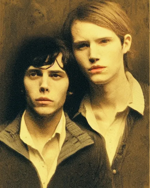 Prompt: an instant photo of two beautiful but sinister young men wearing oxford shirts in layers of fear, with haunted eyes and dark hair, 1 9 7 0 s, seventies, wallpaper, a little blood, moonlight showing injuries, delicate embellishments, painterly, offset printing technique, by brom, robert henri, walter popp