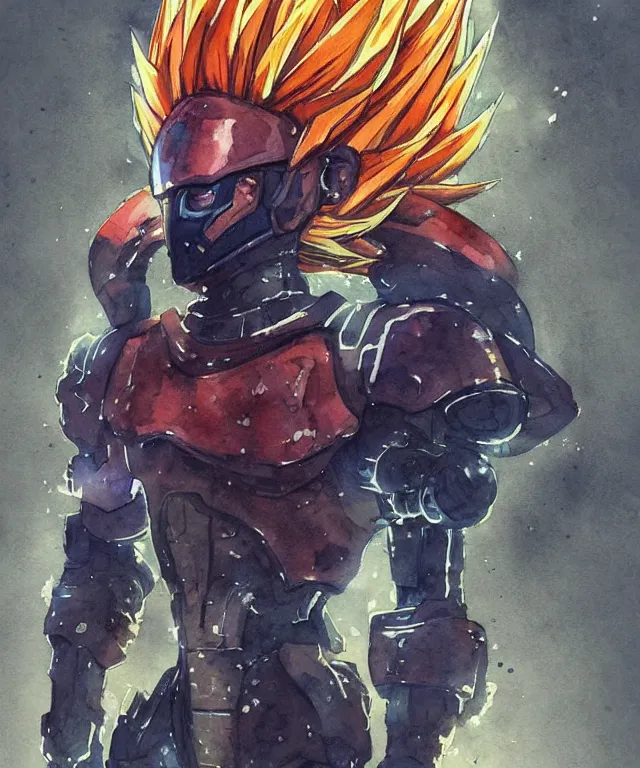 Image similar to a watercolor painting full body character portrait of a cyborg super saiyan knight in the style of cyberpunk in the style of moebius trending on artstation deviantart pinterest detailed realistic hd 8 k high resolution