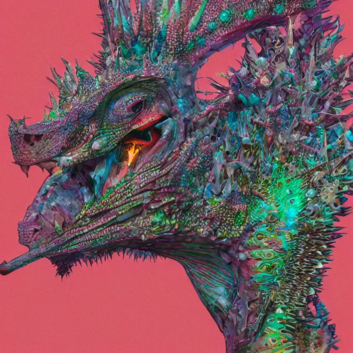 Prompt: a realistic portrait of a woman with an intricately detailed thorny devil lizard head on woman's body, colorful - patterns, cyber - punk background, professional studio lighting with subtle shadows, hyper realism, art by android jones, blender cycles render, 8 k high octane