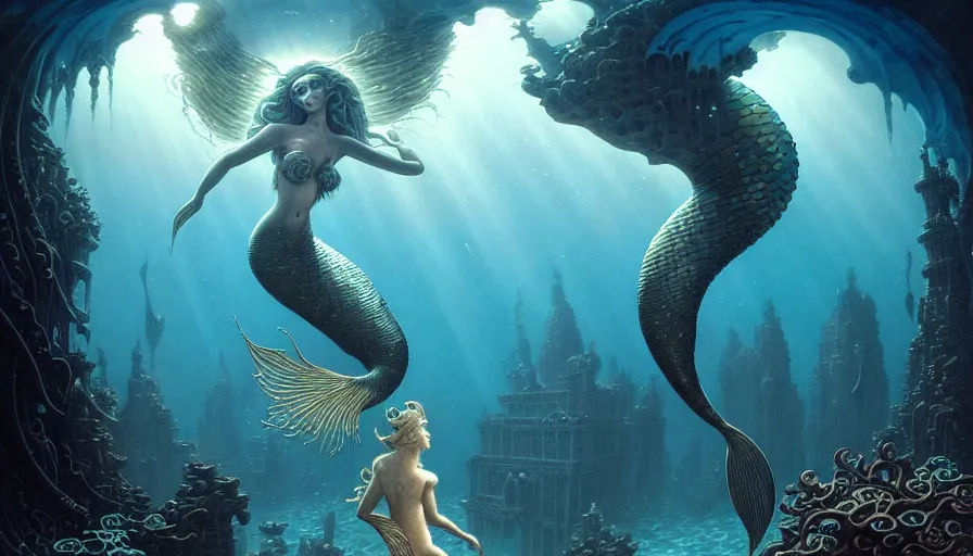 Image similar to a graceful mermaid looking at the sunken city of Atlantis under water, rays of sunlight, stunning undersea intricate detailed grand architecture in the style of Joe Fenton, art style by Greg Rutkowski and Mohrbacher, deep underwater scene, dark and moody, faint volumetric god rays, grim crushing atmosphere, trending on artstation, masterpiece, claustrophobic