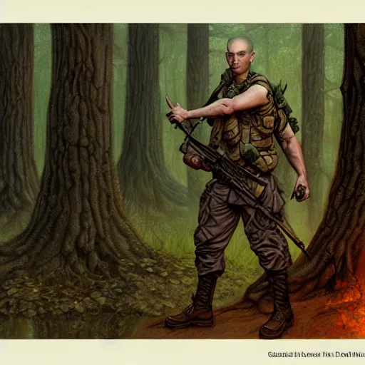 Image similar to male soldier in the forest, by gerald brom!!, D&D, fantasy, intricate, elegant, highly detailed, digital painting, artstation, concept art, matte, sharp focus, illustration