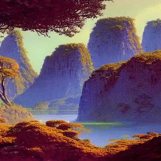 Image similar to painting of a lush natural scene on an alien planet by bruce pennington. beautiful landscape. weird vegetation. cliffs and water.