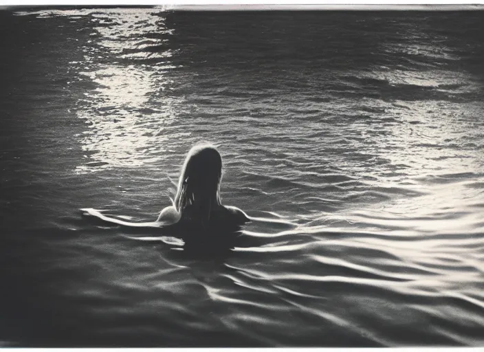 Image similar to photography, woman swimming in ocean at night, 35mm film,