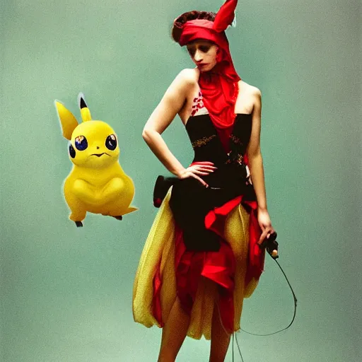 Image similar to elegant woman dressed up as pikachu, art photo by Annie Liebovitz and Alphonse Mucha, digital photo, clean, sharp, smooth, glossy photo