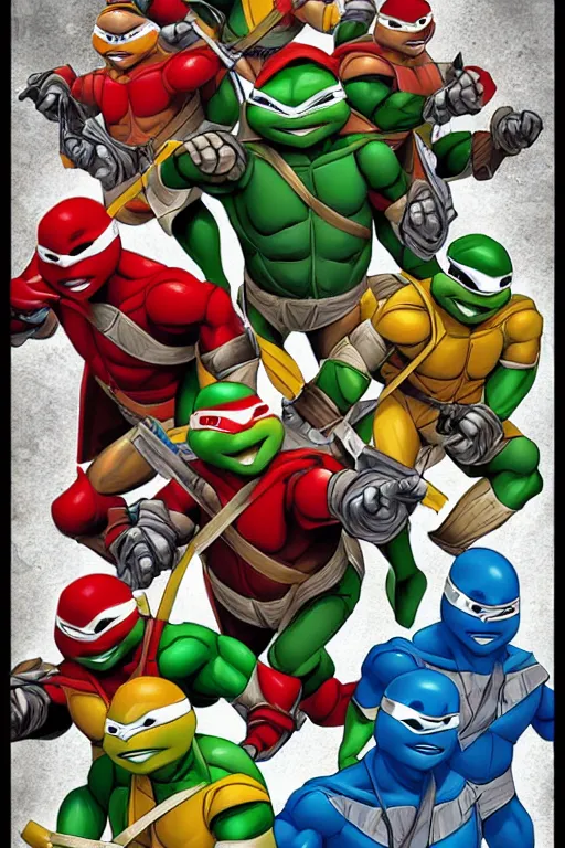 Image similar to the teenage mutant ninja turtles as power rangers, mosaic