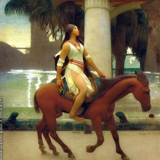 Image similar to Girl riding a horse leaving the palace through the bridge, thunderstorm, beach and palm trees on the background major arcana sky, by paul delaroche, alphonse mucha and arnold böcklin arnold böcklin hyperrealistic 8k, very detailed