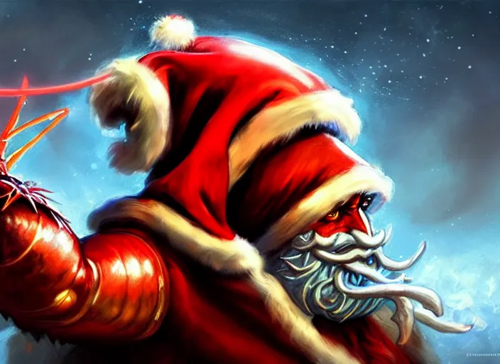 Image similar to magic : the gathering fantasy character concept art of anthropomorphic lobster wearing a christmas hat, by franz frazetta and marco bucci, high resolution. a clear portrait of powerful lobster impersonating santa, magical christmas wonderland in background, fantasy coloring, intricate, digital painting, artstation, smooth, sharp focus